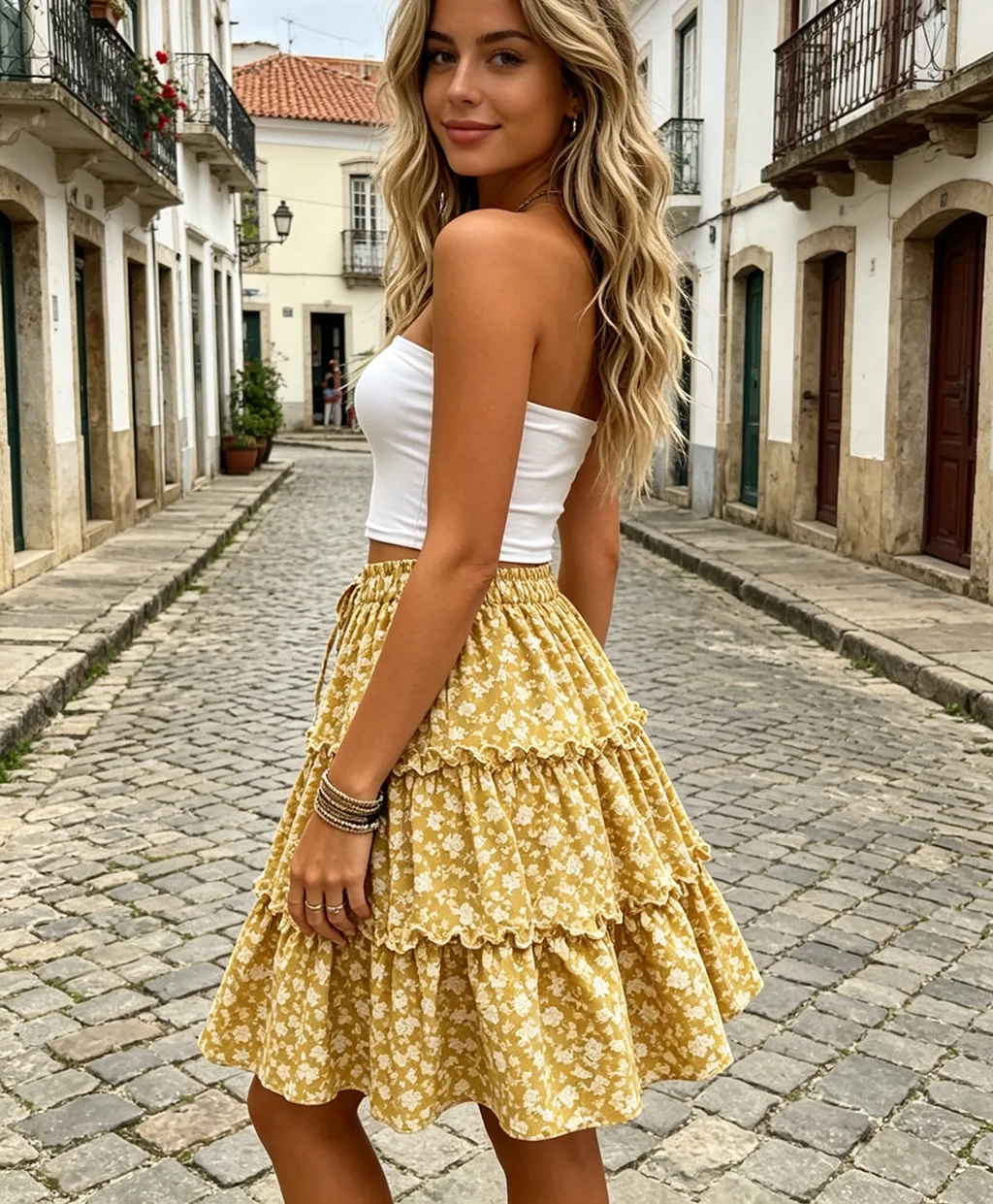 Summer Floral Print Tiered Mini Skirt Women High Waist Ruffle A-Line Skirt Casual Elastic Waist Swing Skirt Boho Beach Short Ski