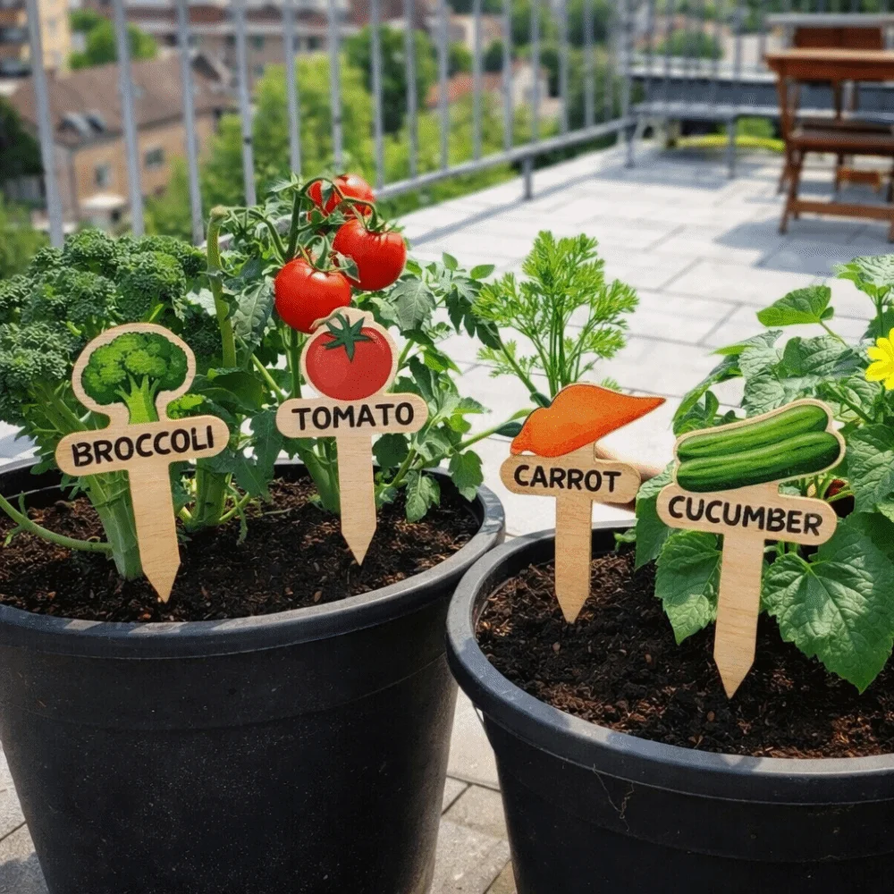 15PCS Insert Type Wooden Plant Markers T-Type Reusable Garden Flower Labels Vegetable Pattern Plant Tags Outdoor Potted Plants