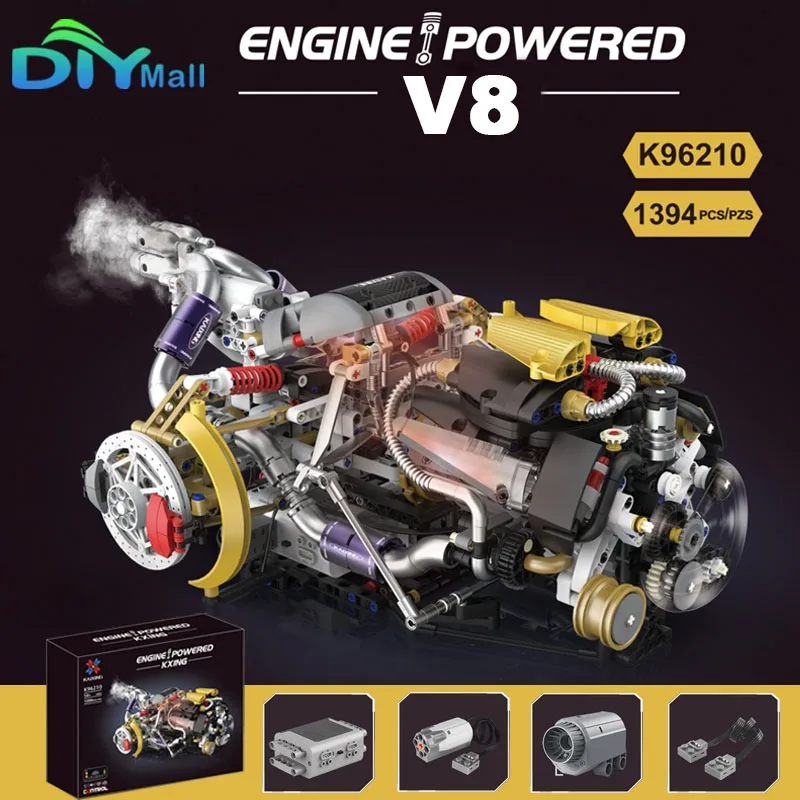 K96210 1394pcs Replica V8 Motorblok Model Bouwstenen Bricks set MOC Technische DIY Speelgoed Verlichte Versie APP Programmeerbare