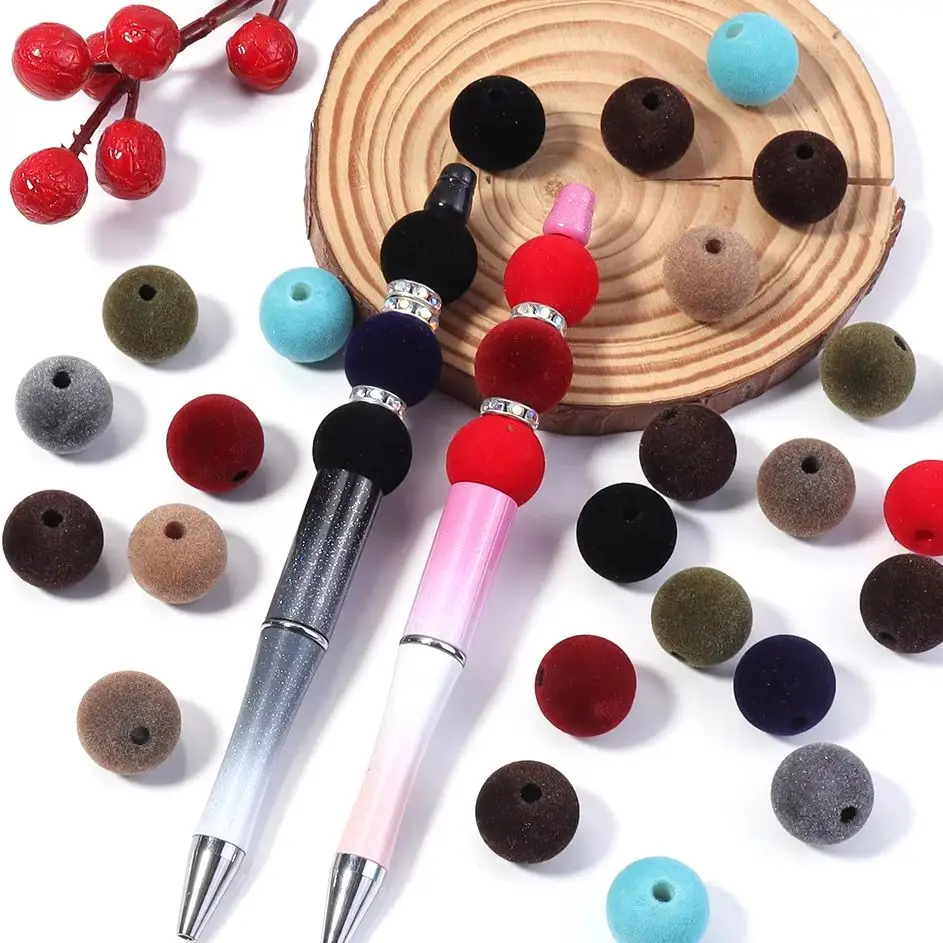 10Pcs Round Velvet Acrylic Beads Flocking Beads Big Hole Loose Beads For Jewelry Making DIY Mobile Phone Chain Keychain Crafts