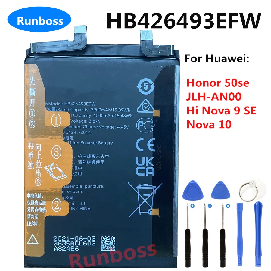 Original 4000mAh HB426493EFW Battery For Huawei Honor 50se 50 se JLH-AN00,Hi Nova9 Nova 9 SE FIO-BD00,Nova 10 NCO-AL00 Phone