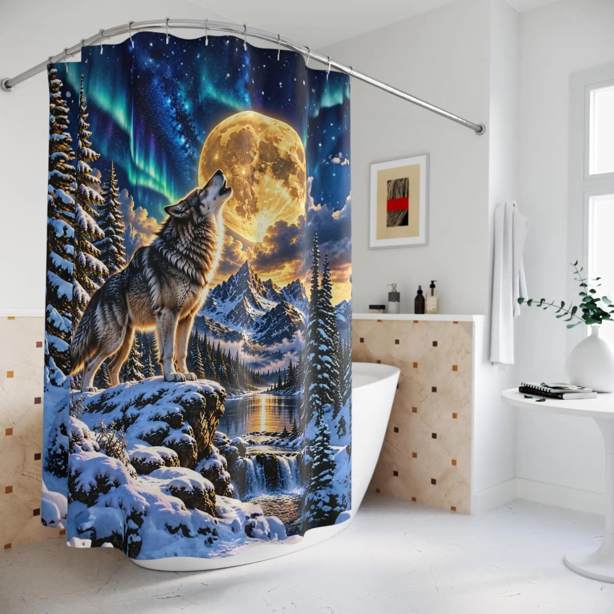 Moonlit Wolf Under Aurora Borealis Forest Waterfall Shower Curtain Bathroom Decor