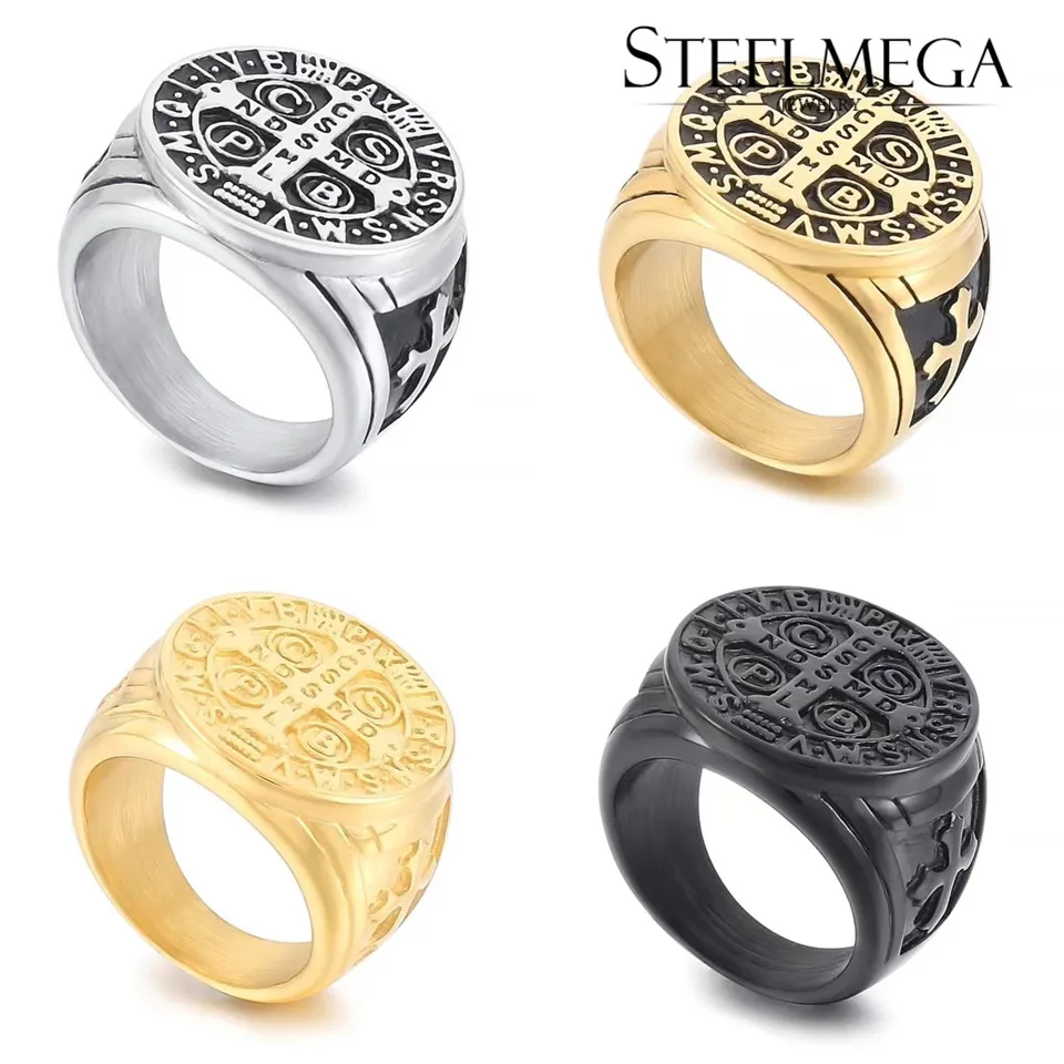 STEELMEGA Stainless Steel Vintage Ring of Saint Benedict Medal for Exorcism