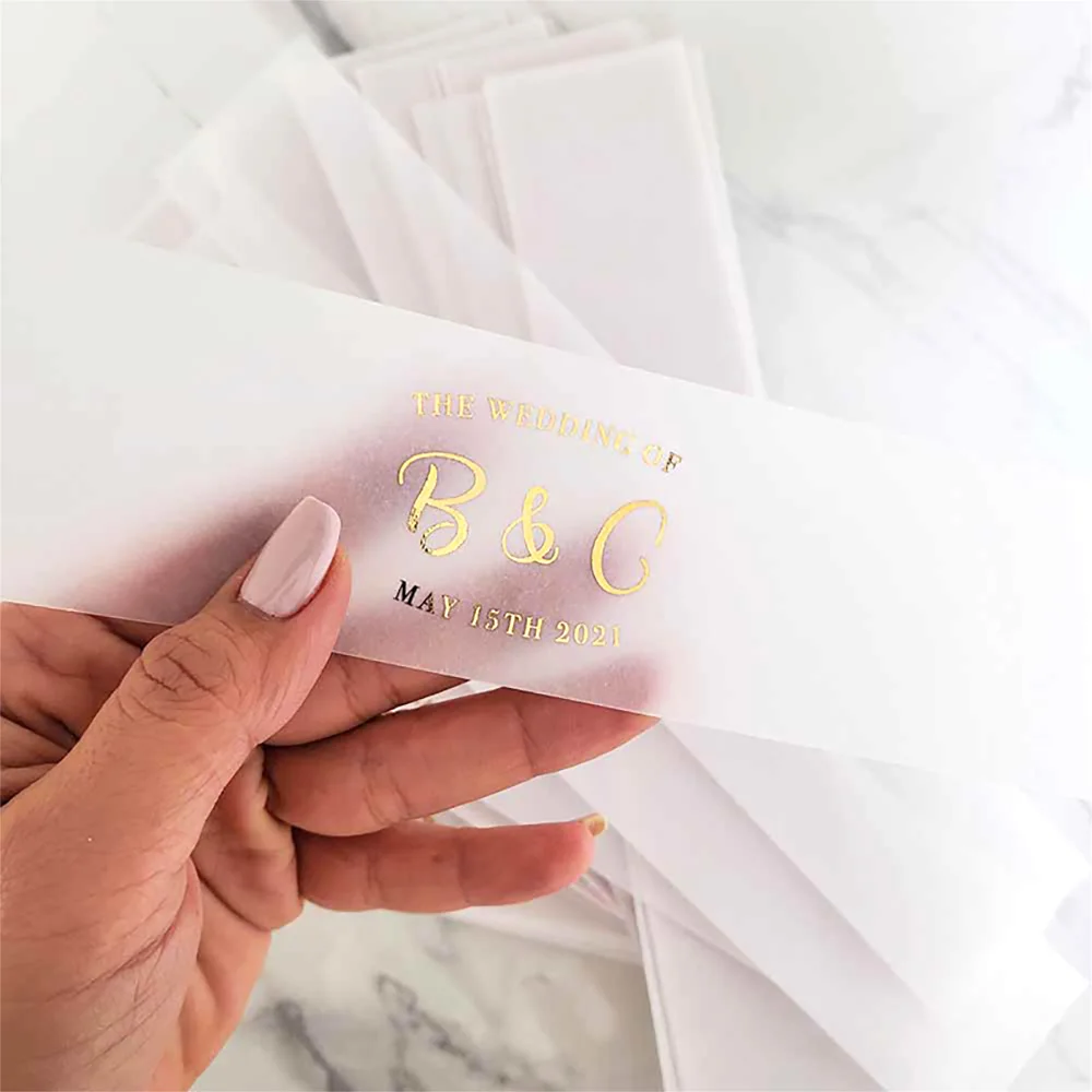 

50/75/100 Personalized Vellum Belly Bands Wedding Decorations, Napkins Bands Gold Foiled Lettering Invitations Wrap Paper Bands