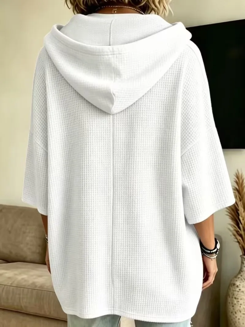 Neuer Waffelstrick-Hoodie mit Kordelzug, Lässige, lockere Oberbekleidung aus Strickmaterial – Detail 10