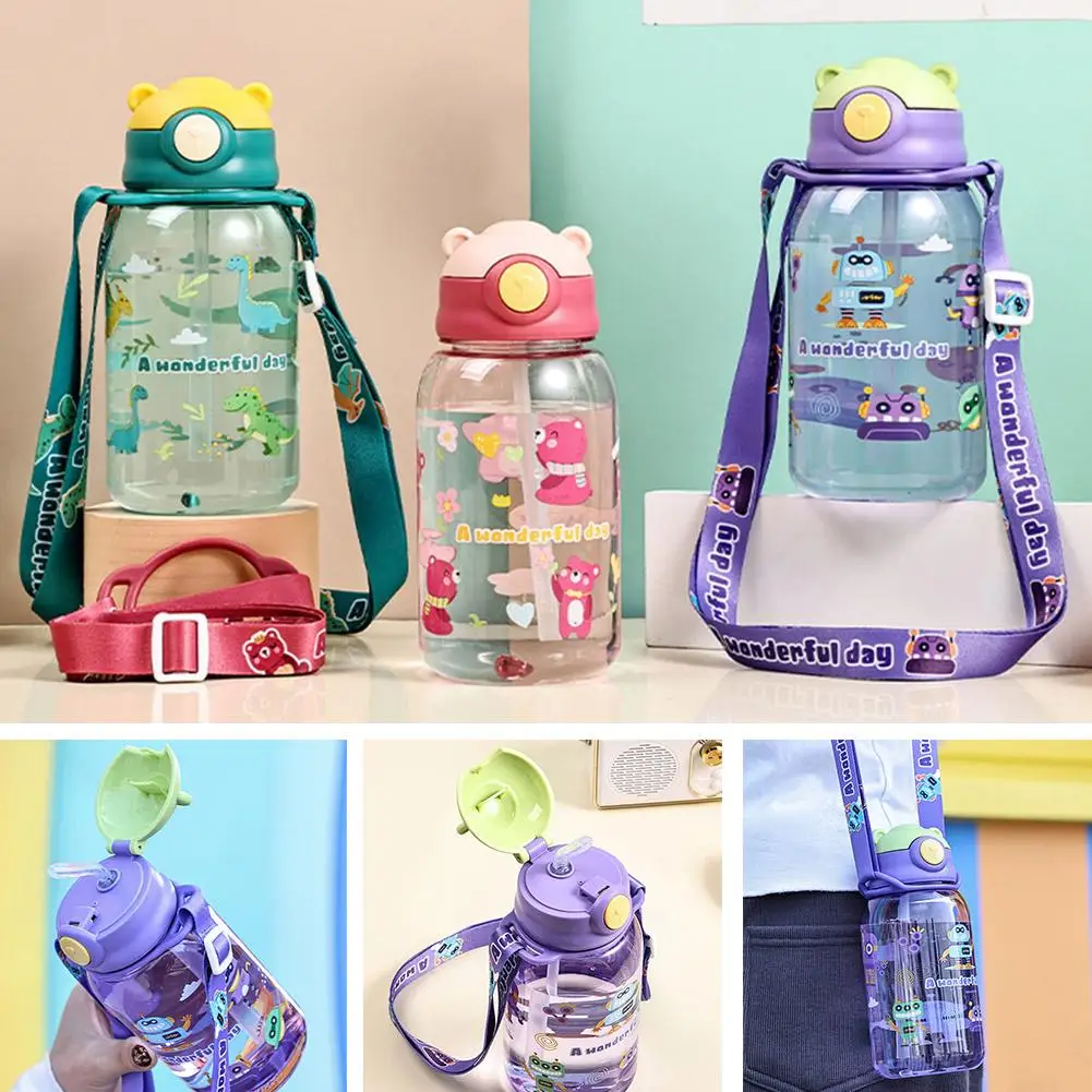 650ml Cute Kids Water Bottle with Straw Free BPA Leakproof Outdoor Portable Children\'s Cup Water Bottle Toddlers Beverage Kettle