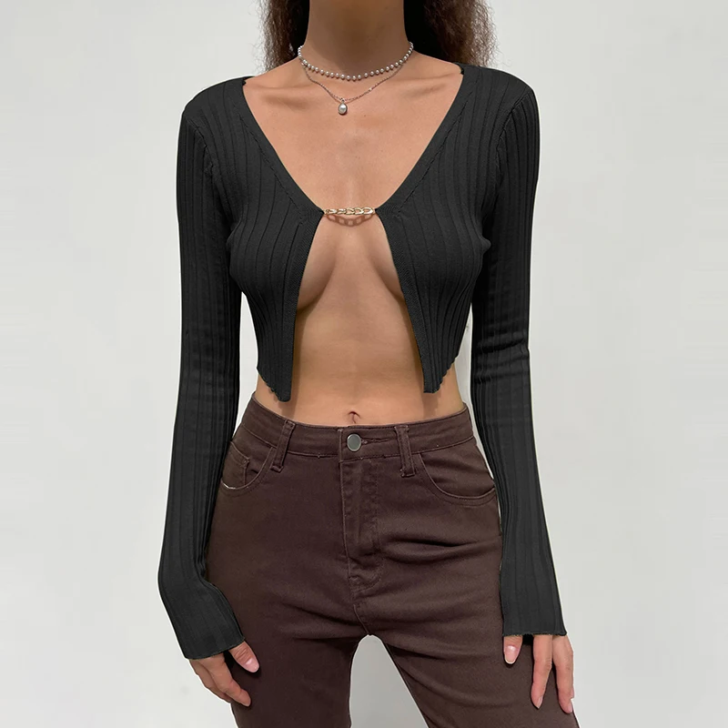 New Women Crop Tops Long Sleeve Ribbed Surface Sweater Solid Color Chain Connected Cardigan Knitwear Green Black Brown S M L