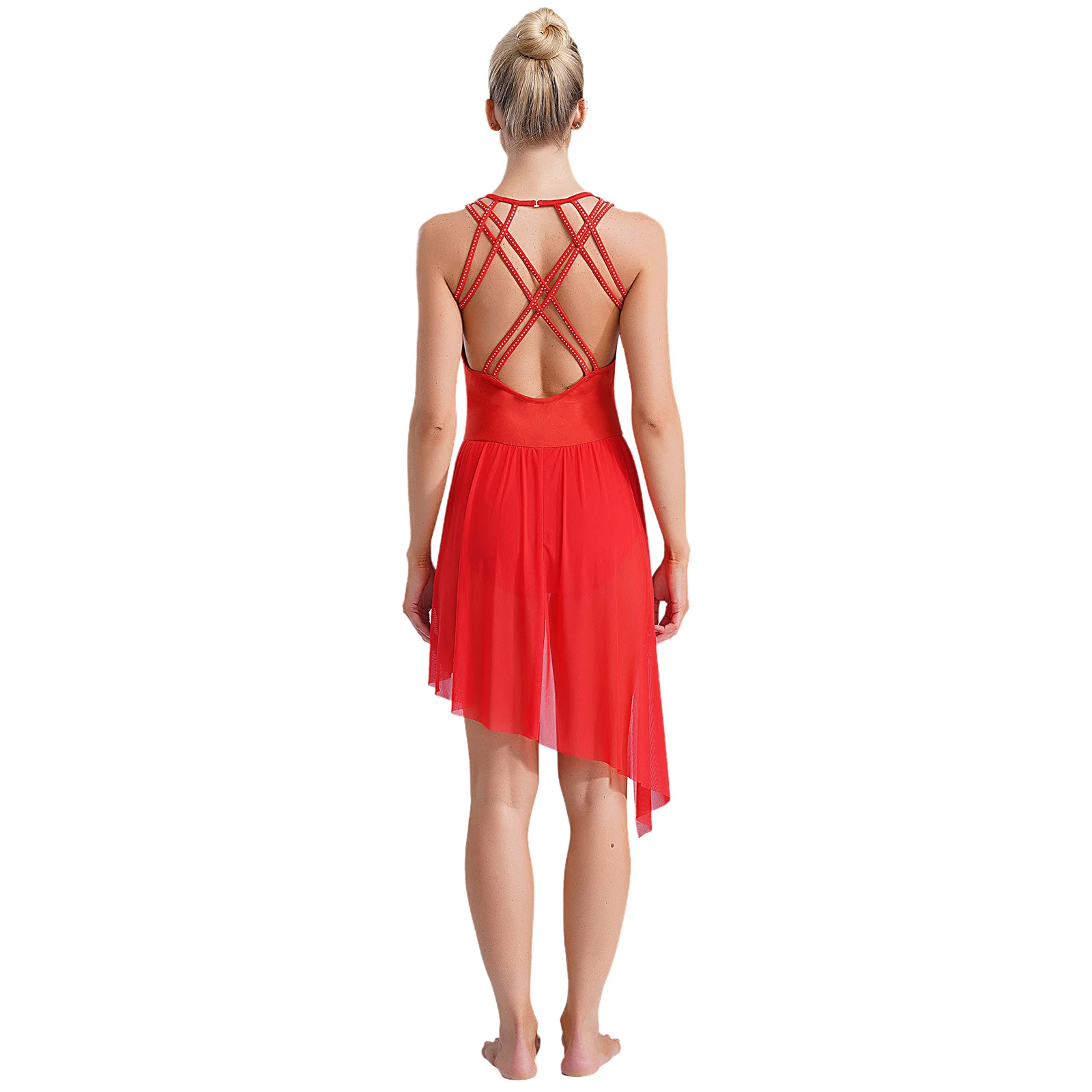 Womens Applique Lyrical Dance Dresses Sleeveless Cutout Strappy Back Asymmetric Hem Dress Figure Skating Ballet Dancewear