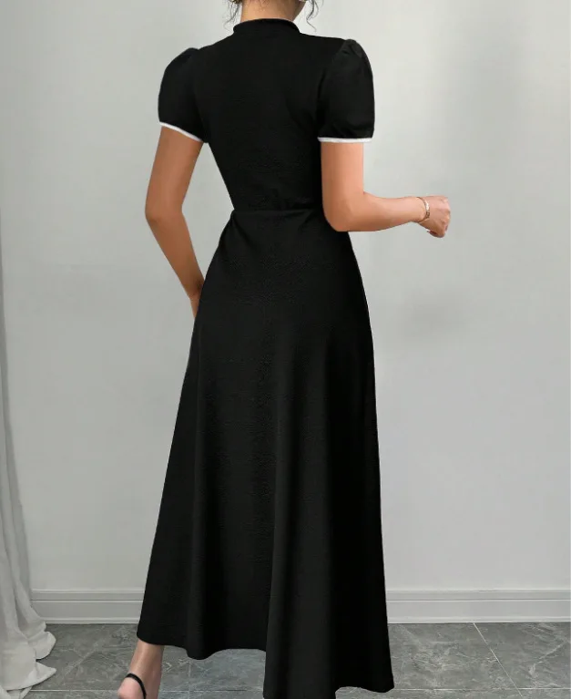Dresses Women Party Long Dress Patchwork Puff Sleeve Stand Collar Button Tight Waist A Line Female Vestidos Summer Maxi Gown image 4