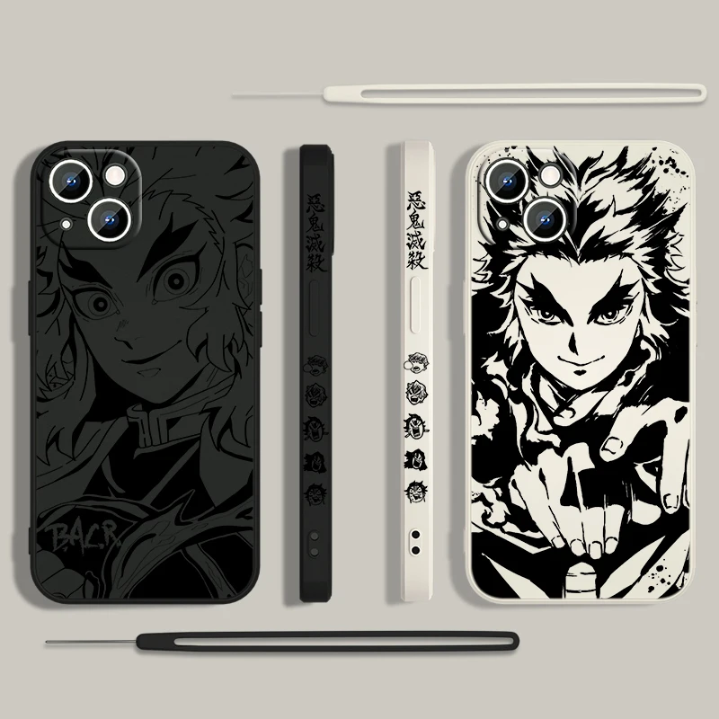 Rengoku Kyoujurou Demon Slayer Phone Case For Apple iPhone 15 14 13 12 11 Pro Max Plus 8 7 SE Liquid Left Rope Capa Cover