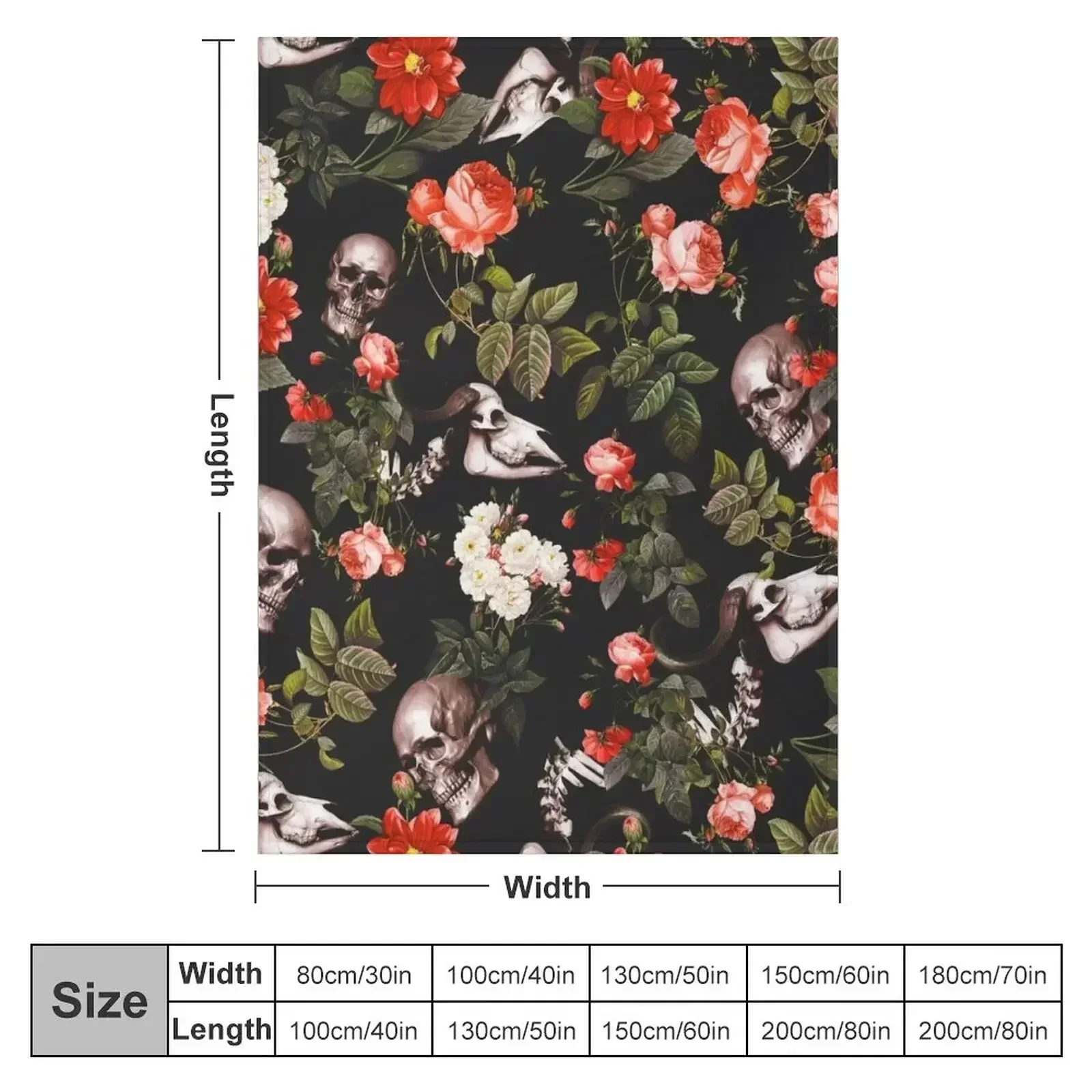 Skull and Floral Pattern Throw Blanket couch cozy soft plush fuzzy picnic outdoor blanket