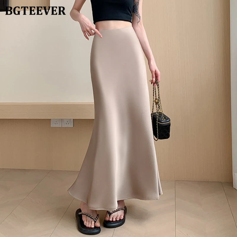 

BGTEEVER Ladies Long Skirts Elegant High Waist Women Mermaid Skirts Female Satin Skirts Summer