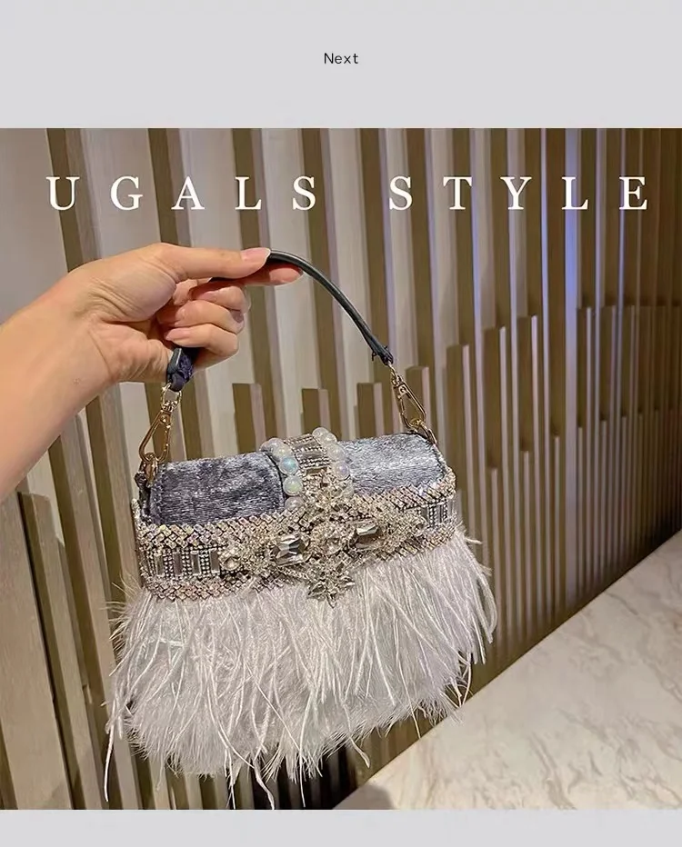 Luxury Ostrich Hair Velvet Bag Crystal Rhinestone Diamond Evening Bag Women Handbag Wedding Party Clutch Purse Crossbody Bag