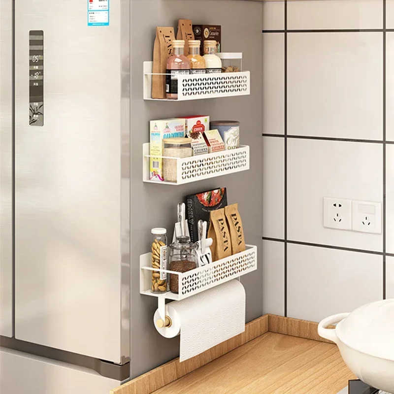 z Refrigerator Side Storage Rack Magnetic No Drilling Required Side Hanging Basket Storage Supplies Household Organizer Shelf