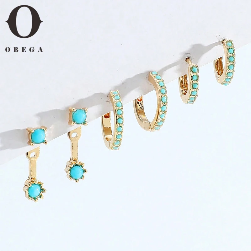 Obega 3 Pairs Turquoise Mini Earrings Set Gold Color New Design Hoop Earrings Cute Luxury Jewelry Gift Set Black Color stones