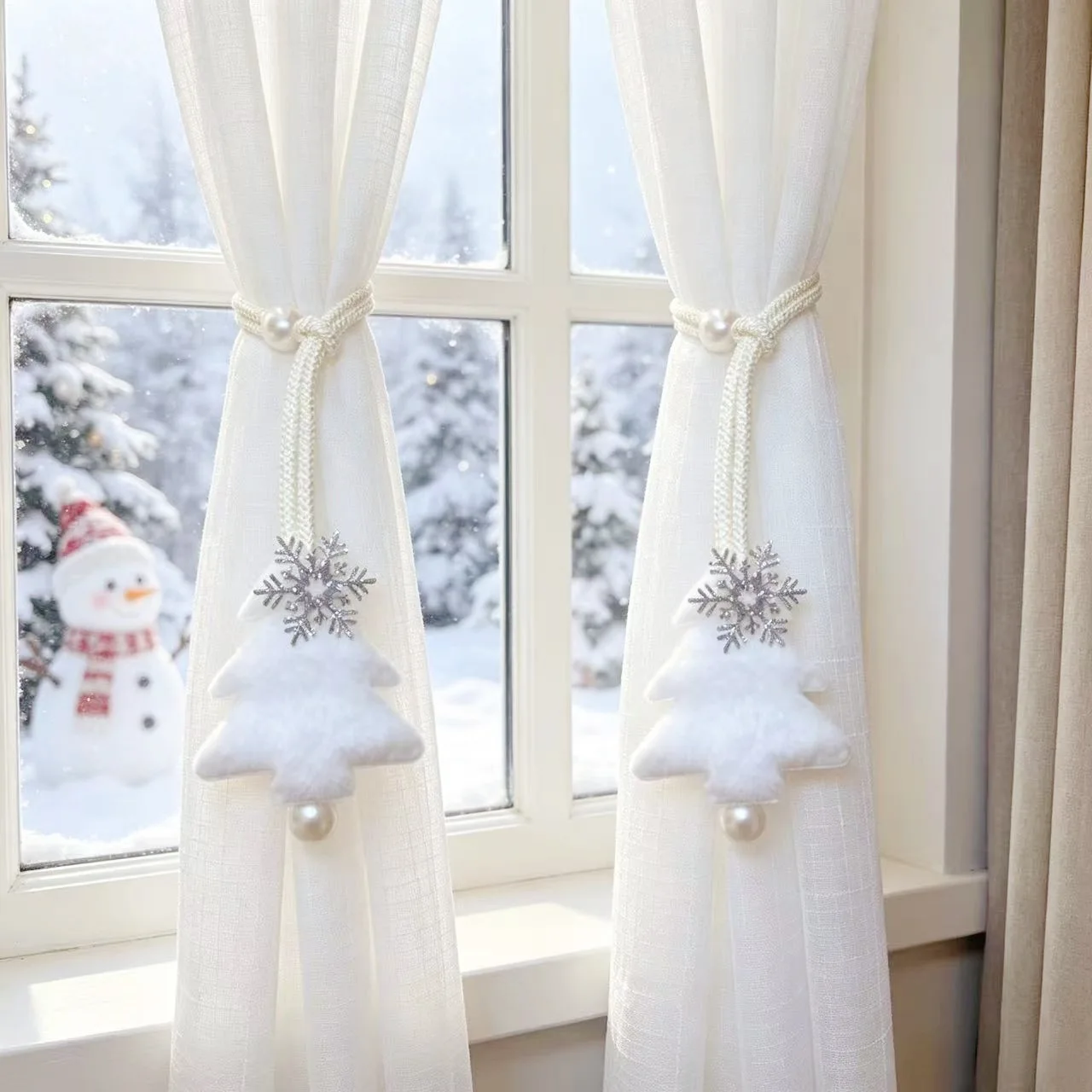 4/2-Piece Set Christmas Tree Snowflake Decorative Curtain Tiebacks, Simple and Convenient for Storage, Suitable for Decorating Sheer Curtains and Fabric Curtains, and for Creating a Festive Atmosphere, Halloween and Ch