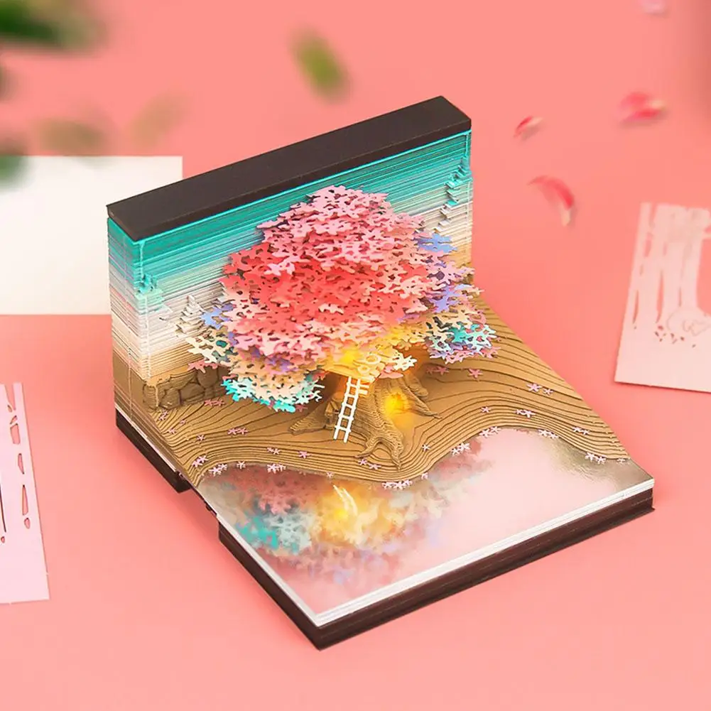 3D Pink Cherry Tree With Light Memo Pad DIY Art Building Block Paper Carving Treehouse Notepad Creative Post Notes Gift