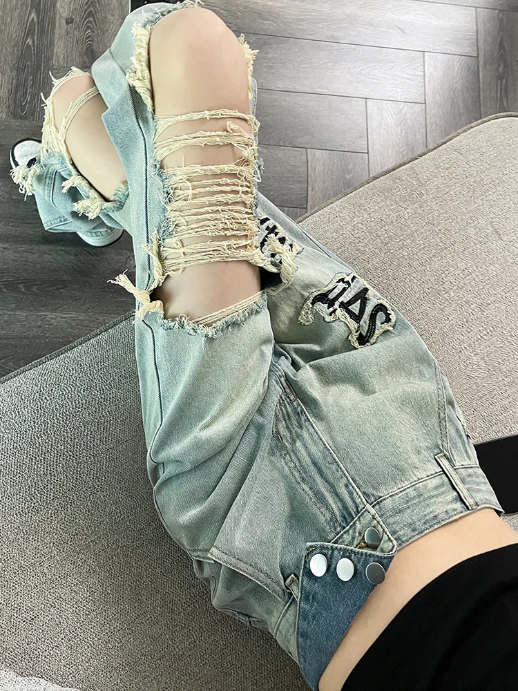 

Blue Women Jeans High Waist Fashion American Letter Design Y2K Oversized Chic Wide Leg Jean Female Trouser Baggy Denim Pants