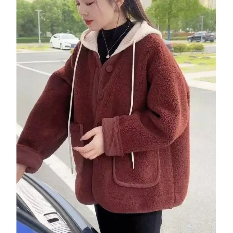 Women's Thiened Lamb Fur Coat Autumn Winter New Sle Loose Slimming Small Size Versatile Long Sve Hooded Jaet
