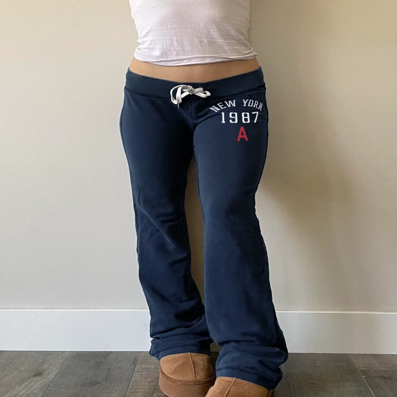 

Синие повседневные брюки с низкой талией, женские модные американские спортивные брюки с буквенным принтом и поясом, расклешенные ноги, женские повседневные брюки