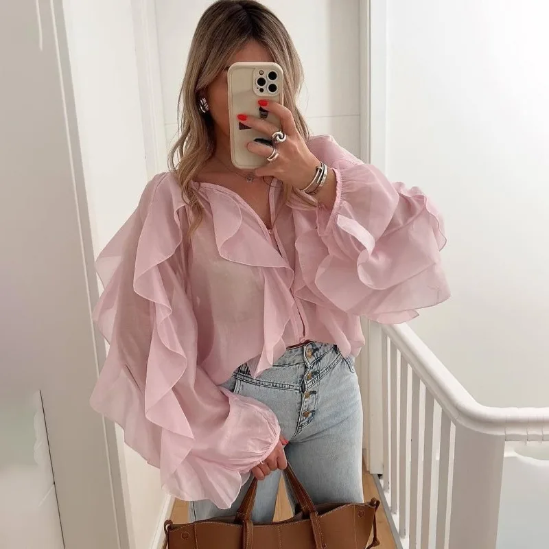 2026fashion High Street Primavera e Autunno Nuove donne Abbigliamento Allentato Casual Temperamento Camicia di colore solido Top Design Increspato Top