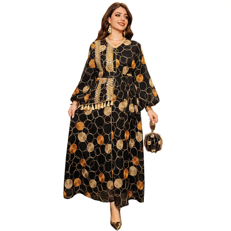 Islamic Ramadan Morocco New Luxury Fashion Muslim Long sleeved Big Swing Dress New Middle Eastern Arab Dubai Robe