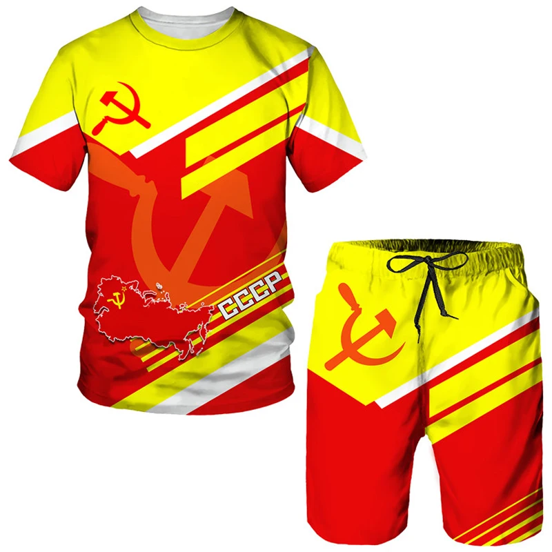 Agasalho masculino cccp russo impressão 3d camiseta shorts define 2 peças urss estilo união soviética streetwear ternos esportivos de grandes dimensões