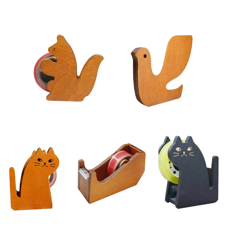 Cartoon Animal Tape Dispenser, Vintage Wooden Tape Cutter for Home Office Desktop Sealing Packing Tool Accessory