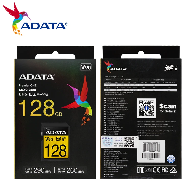 

Карта памяти ADATA SD, 64 ГБ, V90, UHS-II U3, класс 10, SDXC, SD 4,0, скорость чтения и записи до 290/260 МБ, Full HD/UHD, 4K/8K, 3D