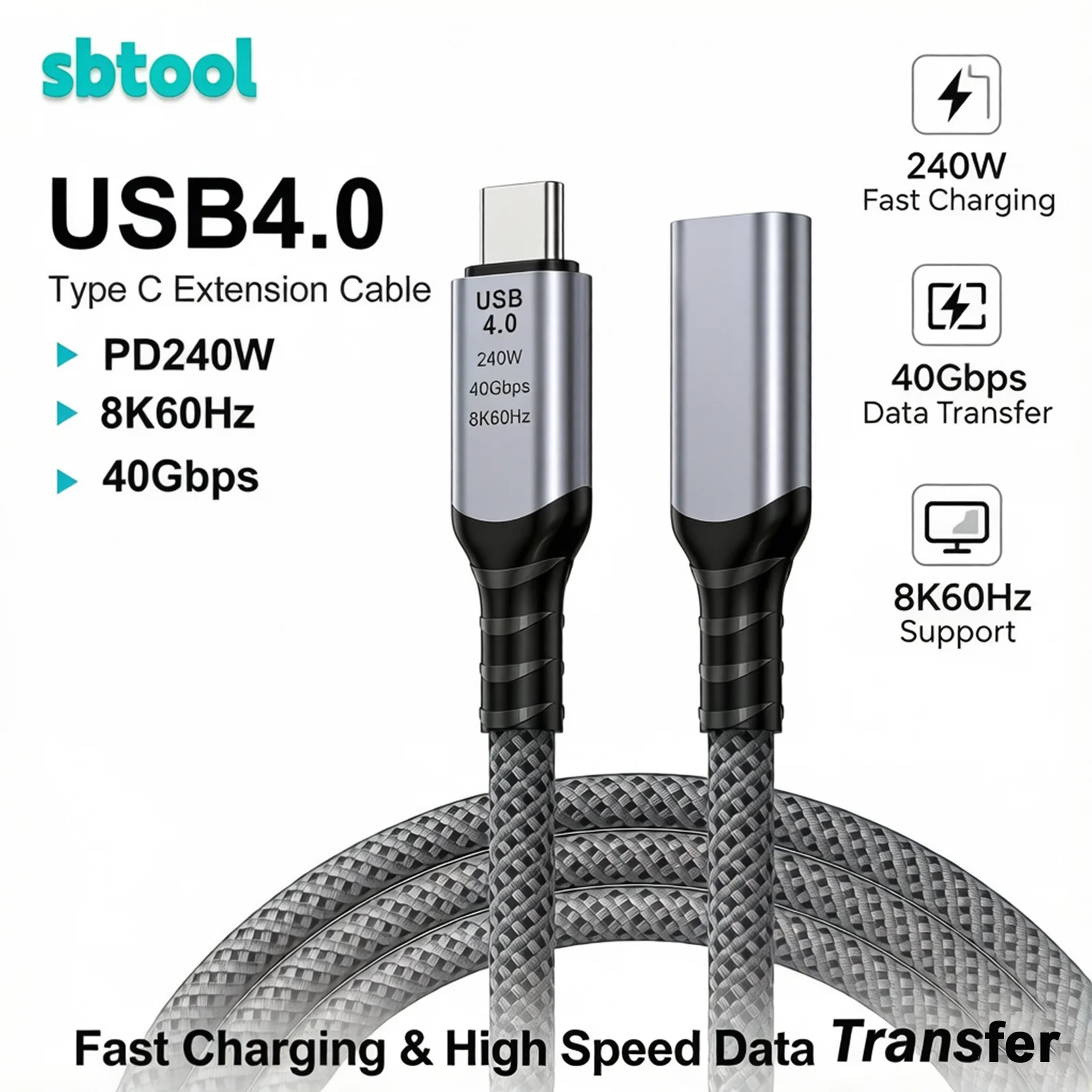 USB4 Data Extension Cable 40Gbps High Speed 240W Power Delivery 8K HD Video Compatible with Thunderbolt 4 Full-Function