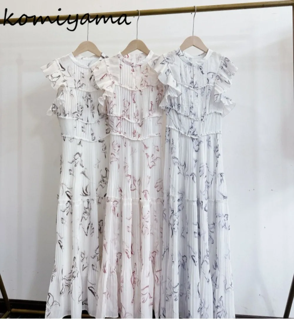 

Sweet Ruffles Print Pleated Vestidos Women 2025 Dress Japan Elegant A-line Vestido Summer Flying Sleeve Dresses Tunic Robes