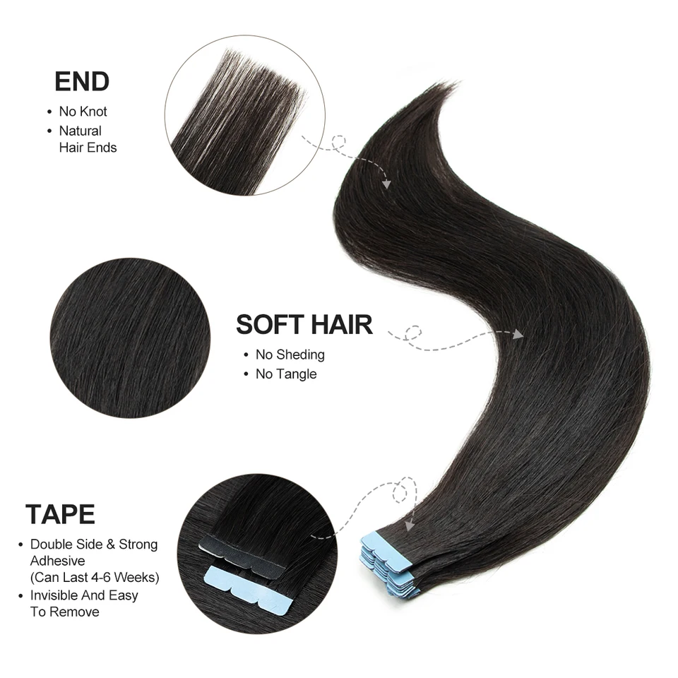 Mini Cinta en Extensiones de Cabello Humano Doble Cara PU Sin Costuras Cinta en Cabello 10pzs/paquete Natural Recto Negro Marrón Rubio 4
