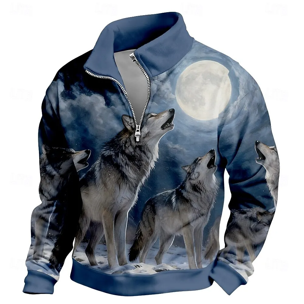 

Fashion Cool Animal Graphic Zipper Sweatshirts 3D Print Wolf Pattern Long Sleeve Zip Pullover Men's Autumn Winter Casual Clothes