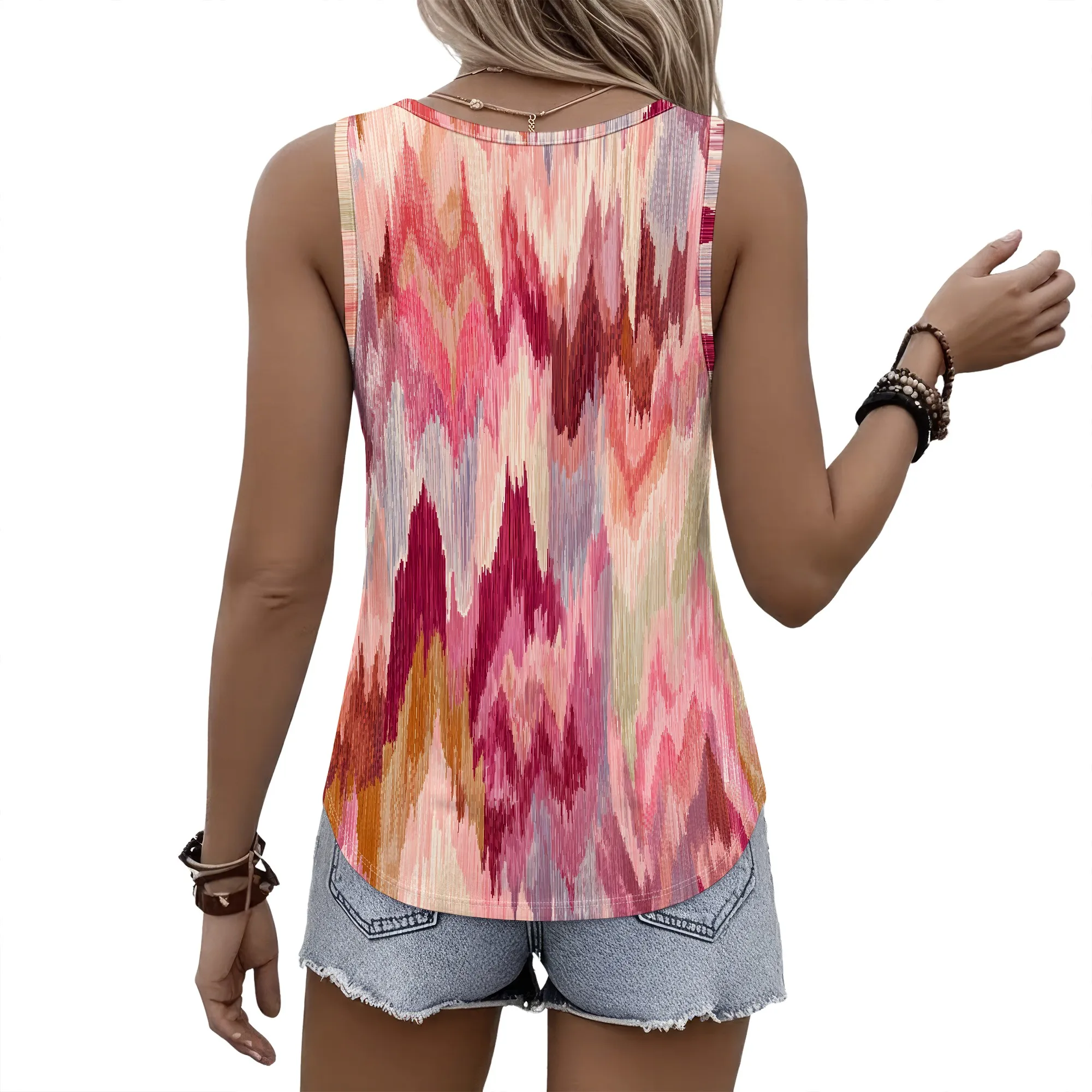 Sleeveless Tank Top, Abstract Chevron Print Blouse, Casual Summer Shirt, Relaxed Fit, Beach Vacation Wear, S-2XL