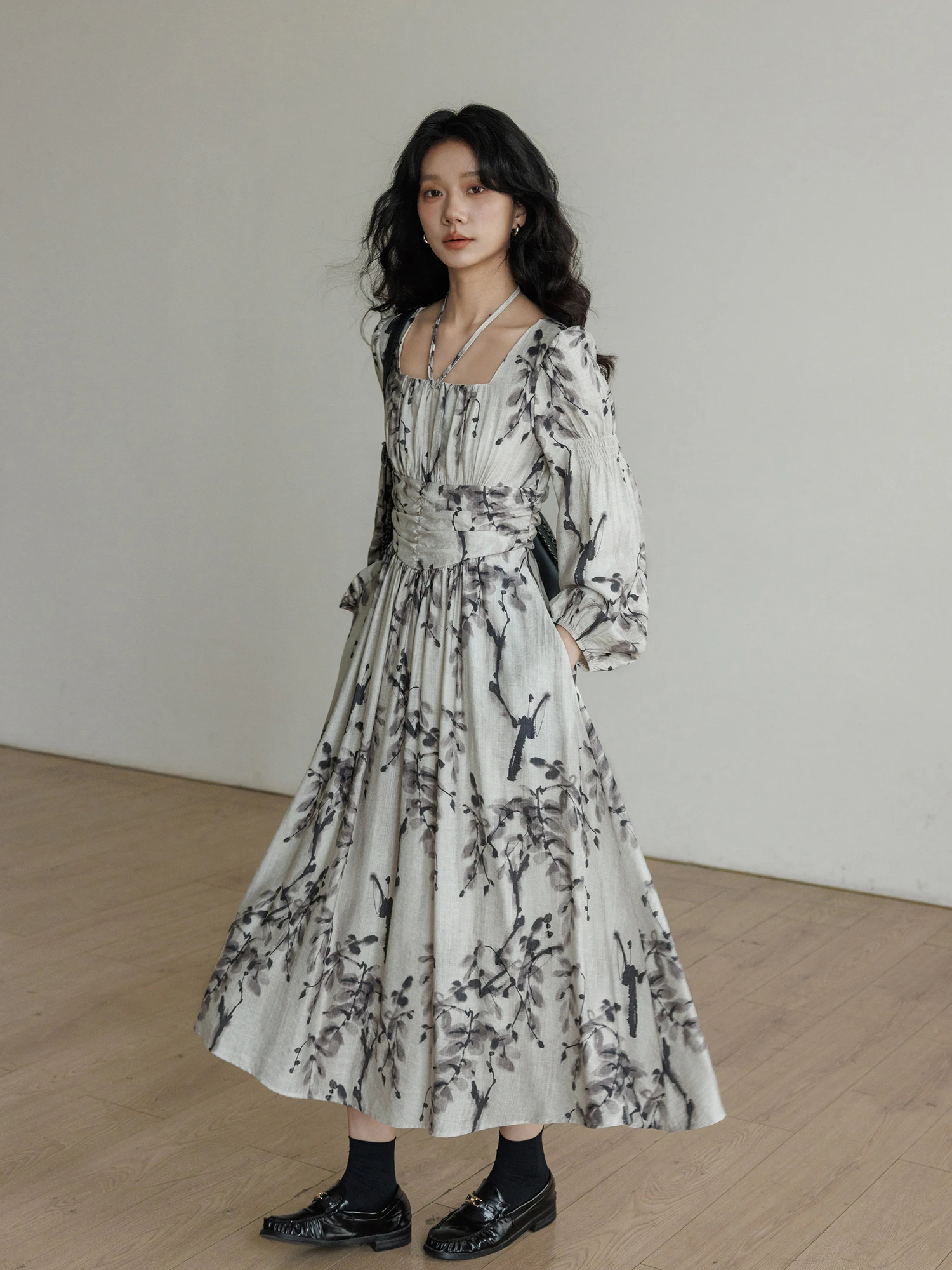 

Spring Square Collar Print Waist-Cinching Design Women's Dr Casual Vaion Long Skirt A-Line Silhouette Comfortable Fit