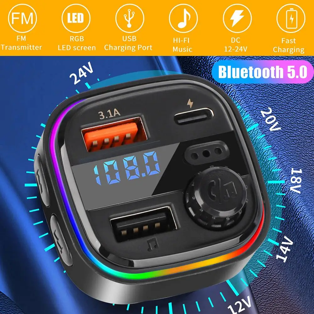 

C26 FM Transmitter For Car Bluetooth-compatible 5.0 Hands-free Call RGB Backlight Dual USB Car Charger MP3 Music Player Dropship