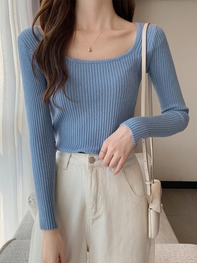 Dames Hoge kwaliteit Slim Fit Casual gebreide trui Basic Solid Truien met vierkante hals Herfst Winter Basislaag met lange mouwen Tops
