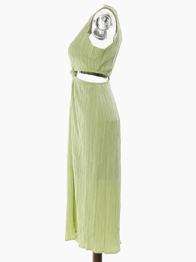 Women Green Waist Knot Cut-out Long Elegant Dress New Round Neck Sleeveless Loose Fit Fashion Spring Summer