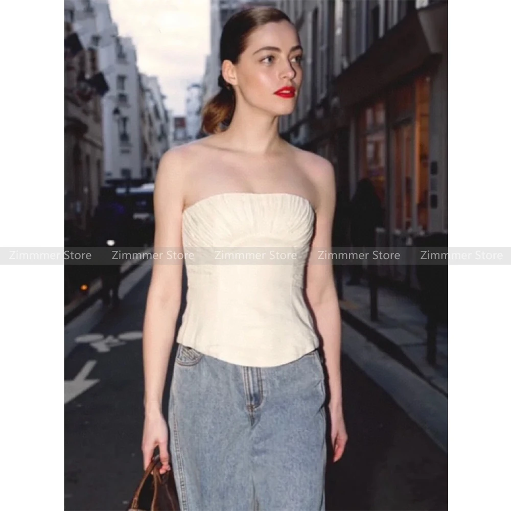 

2024 Summer new niche fashionable pleated bustier top + high-waisted peplum A-line half-body skirt set female