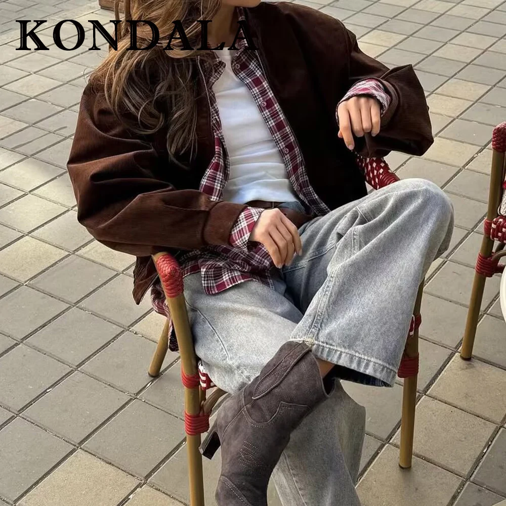 

KONDALA Vintage Woman Brown Zipper Jacket Luxurious Fashion 2025 Autumn Streetwear Outwear Chic High Street Female Cool Coat