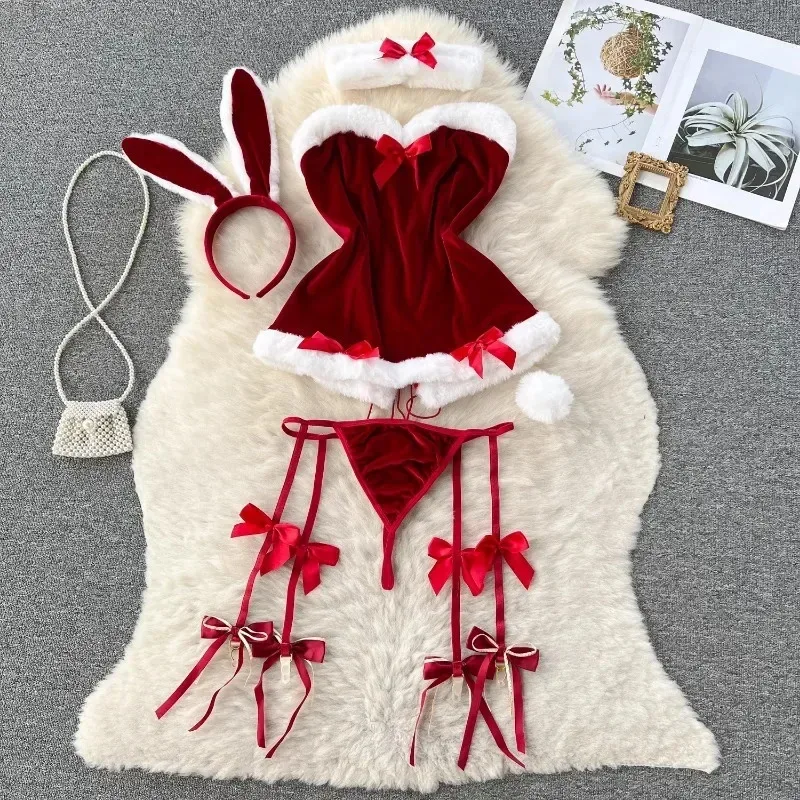 AA wat Sweet Bunny Christmas Women Nightgowns Soft Velvet Off Shoulder Cute Rabbit Dress Sexy Lingerie Fo2025 New