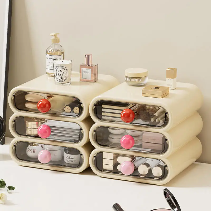 3-Drawer Makeup Organizer Cosmetic Storage Box Anti-fall Clear Drawers Round Handle Vanity Desk Bathroom Dorm Light Luxury Gift