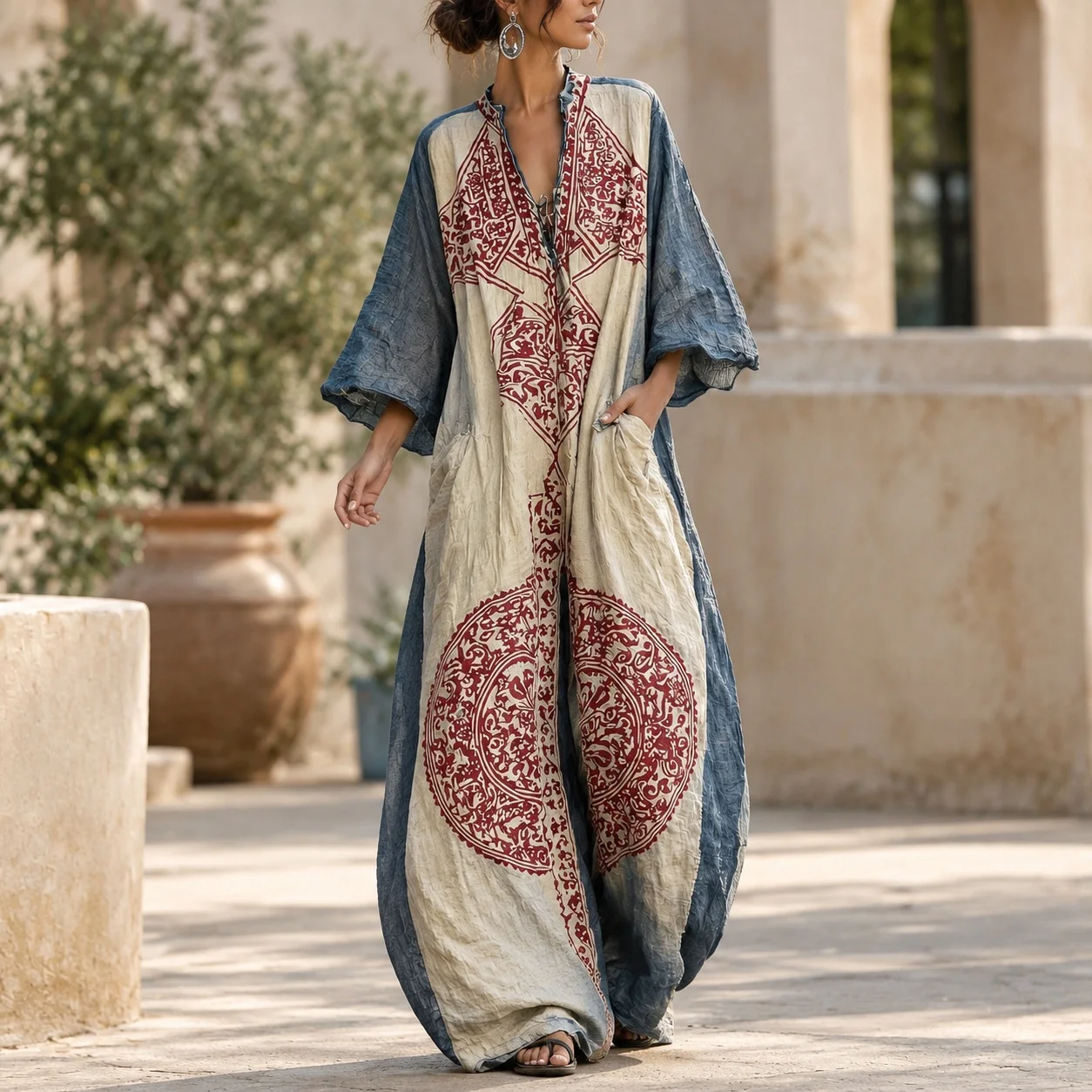 Printed Long Sleeve Set Loose Fit Bohemian with Turn Down Collar Commuter Chic Casual Women Jumpsuit Summer Autumn Jumpsuit