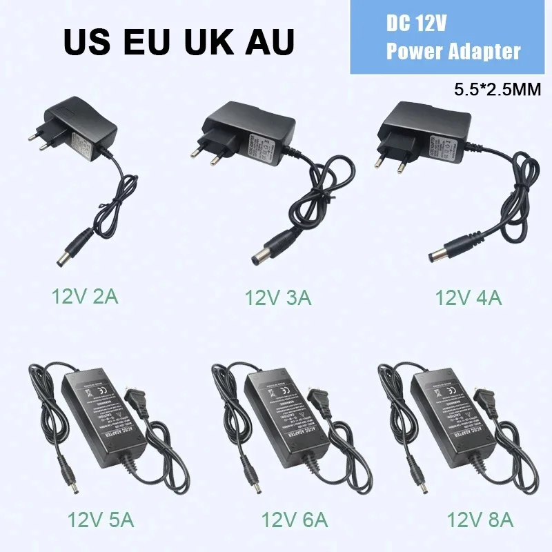 LED 스트립 라이트 CCTV용 전원 어댑터, 조명 변압기, AU EU 미국 영국 플러그, DC 12V, 1A, 2A, 3A, 5A, 6A, 8A