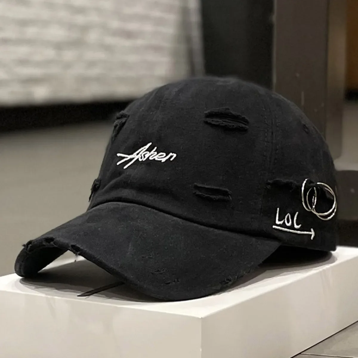 Unisex Asher Embroidery Broken Hole Iron Ring Baseball Caps Outdoor Adjustable Spring and Autumn Casual Sunscreen Hat - view 2