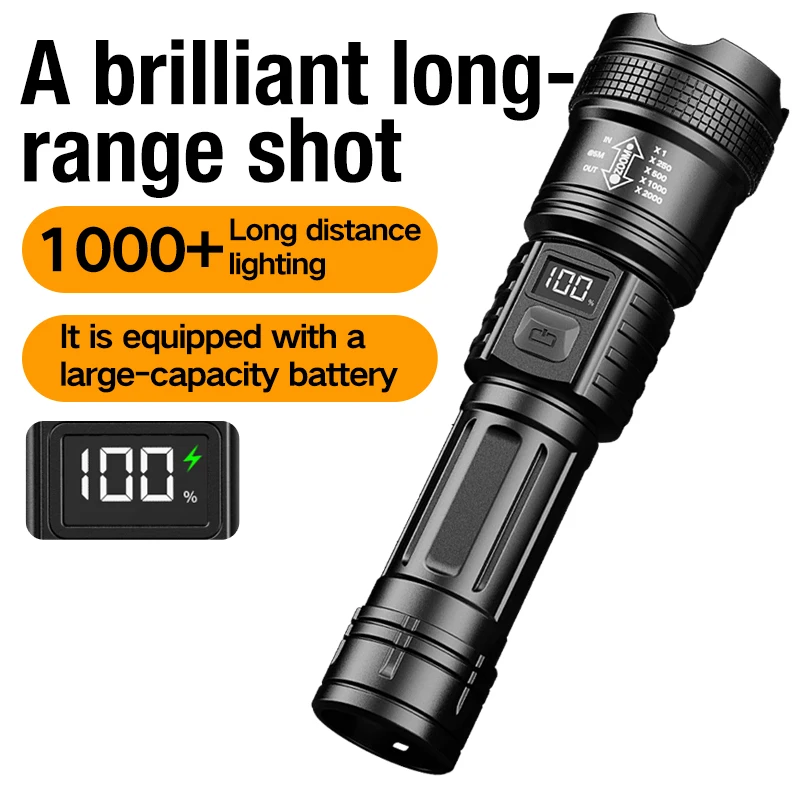 Ultra-High Power Flashlight, Digital Electronic Display, Waterproof Flashlight, Zoom Flashlight, Outdoor Camping Lamp