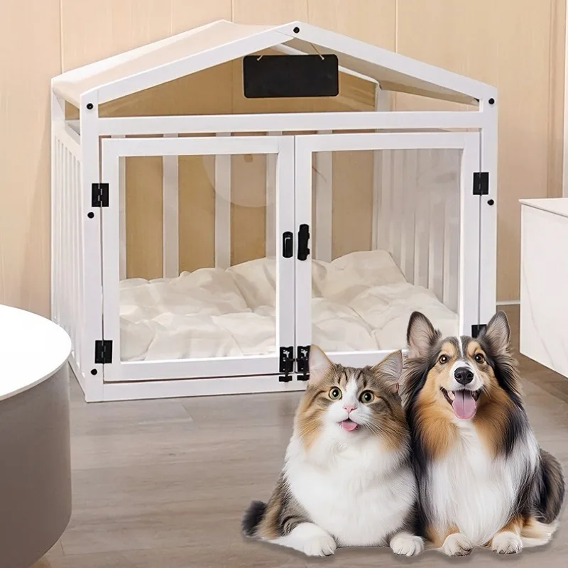 

Wooden Transparent Pet House with Double Doors Indoor Dog Cat Crate Fence Stable Safe Houses for Small To Medium Cats Dogs