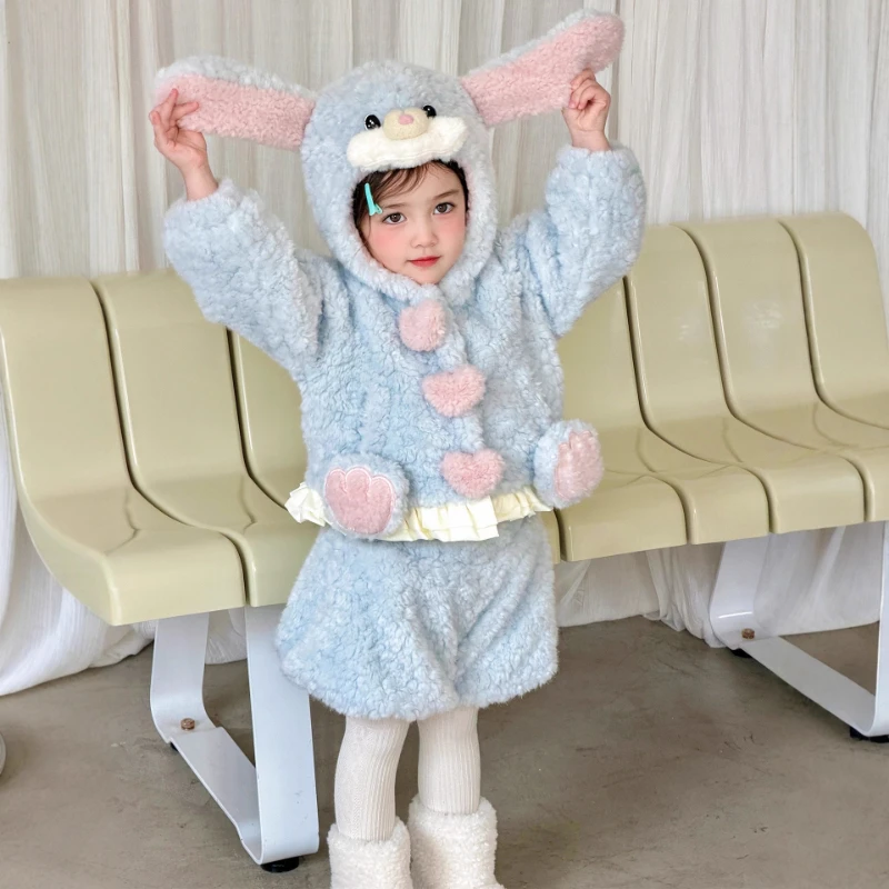

2025 New Children's Hot Selling Thick Rabbit Ear Hair Sweater Jacket and Stylish Warm Flower Bud Pants Two Piece Set