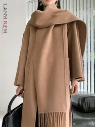 LANMREM Scarf Collar Double Sided Wool Coat Korean Style Medium Long Solid Color Overcoats Female Luxury Clothing 2R9670