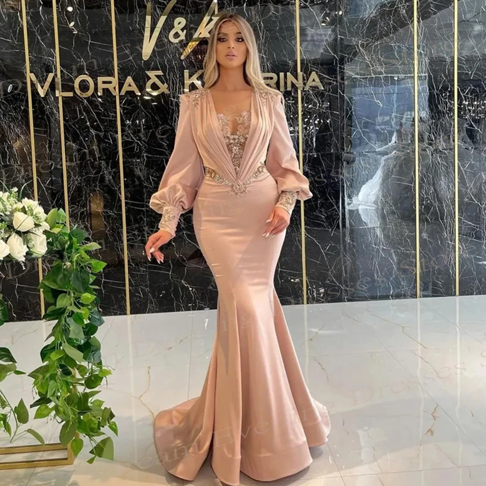 Fascinating Mermaid Long Sleeve Evening Dresses Appliques Modern V Neck Prom Gowns Custom Made Vestido Fiesta Mujer Customized